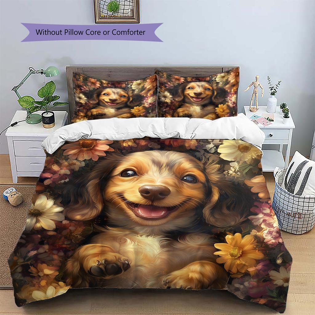 Happy Dachshund Pattern Bedding Home Decoration Birthday Gift (1 * duvet cover + 2 * pillowcase, without core)