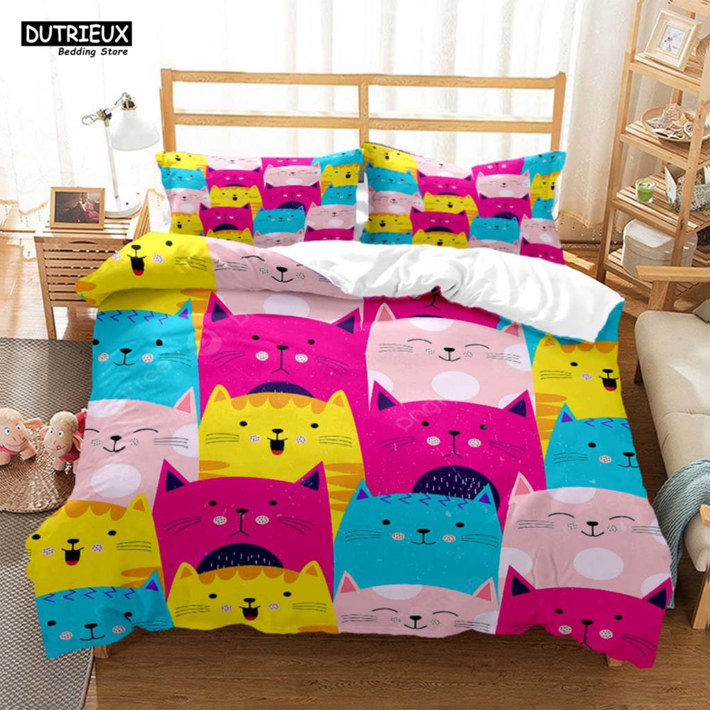 Cute Cat Print Quilt Cover Pillow Cover  Bedding Set Luxury Queen Bedding Set Cute Style Customized  children‘s  Bedding Set