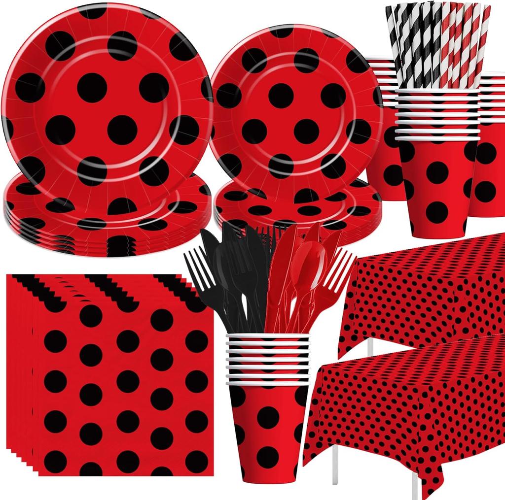 Red Black Polka Dot Party Supplies Ladybug Theme Tableware Plates Cups Napkins Balloon Kids Girl Birthday Decoration Baby Shower