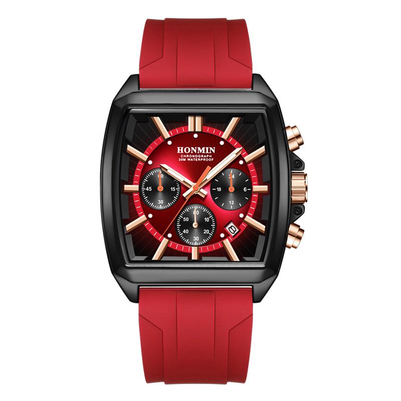 

Красные спортивные кварцевые часы-хронограф Мужские модные водонепроницаемые наручные часы со светящимися стрелками Силиконовый ремешок Дата Квадратный циферблат красный