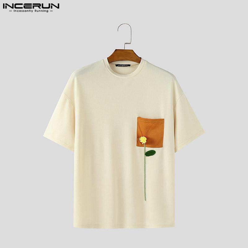 INCERUN Oversized Summer Men O Neck Short Sleeve Crochet Stitching Casual T-Shirts Tops
