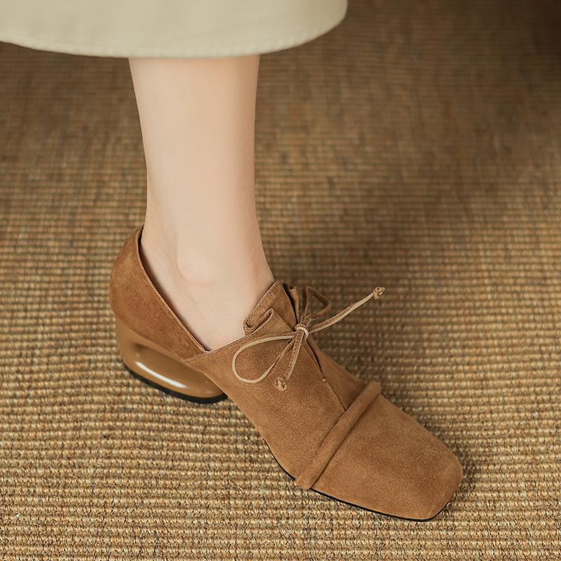 Fashion 2025 New Women Pumps Sheep Suede Leather Shoes for Square Toe Low Heel Shoes Casual Lace-up Handmade Shoes 34-42 Women Heels