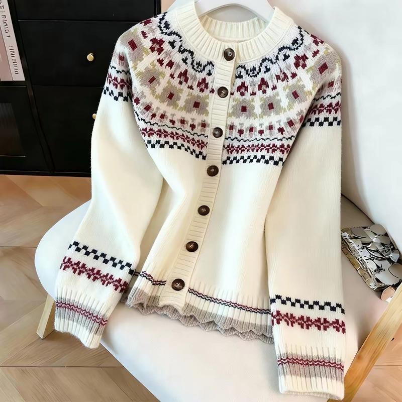 Women S Korean Style Fair Isle Knit Cardigan Sweater Beige