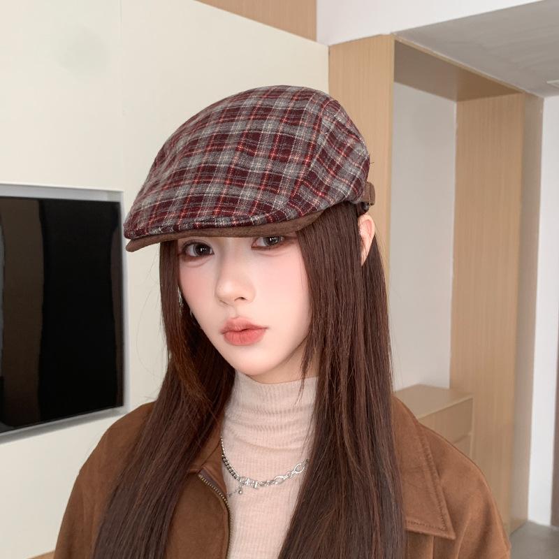 

Ретро Клетчатая Кепка-Гаврош Японская Универсальная Беретка Осень и Зима Теплая и Эффектная Маленькая Литературная Кепка Газетчика Художника с Козырьком Adjustable