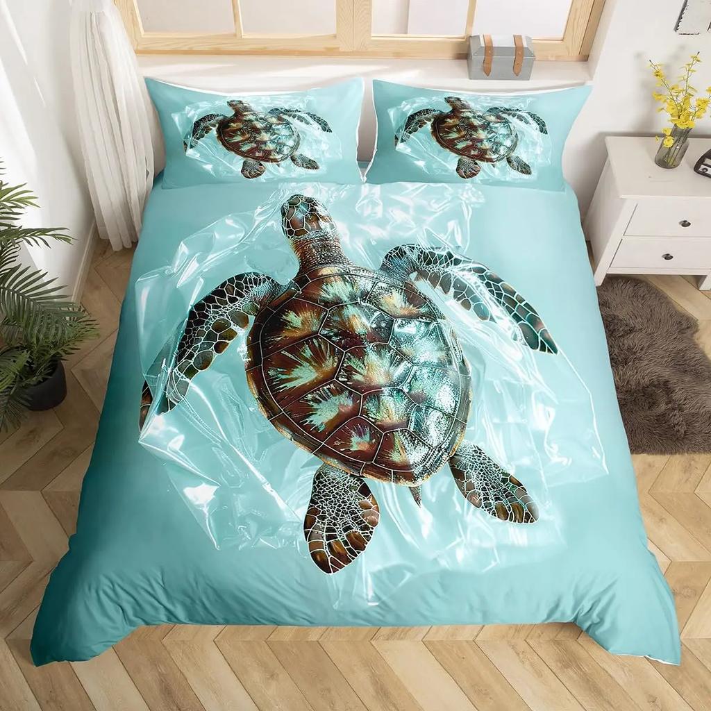 Turtle Bedding Set Nautical Coastal Duvet Cover White Blue Sea Comforter Cover Reptile Tortoise Animal Polyester Quilt Cover