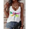 Womens V Neck Double Strap Tank Top With Dragonfly Print Casual Solid Color Sleeveless Blouse