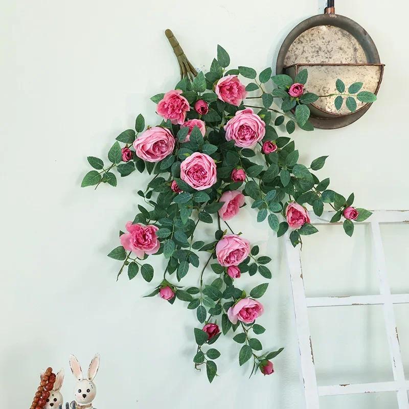 Wedding Artificial Flowers Wall Hanging Sweetheart Roses Rattan Simulation Flower Party Decoration Pink Red Rose Plant Flroal
