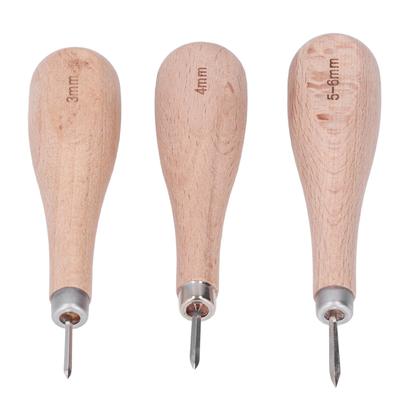 3Pcs Leather Awl High Hardness Ergonomic Design Rhombus Leather Stitching Awl with Beech Handle for Leather Punching