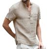 New Cotton and Linen Short-sleeved Men's T-shirt Stand-up Collar Buckle Semi-open Simple Short-sleeved Shirt Men's Summer Solid Color Thin