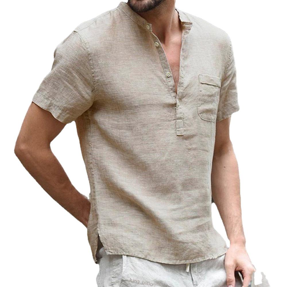 New Cotton and Linen Short-sleeved Men's T-shirt Stand-up Collar Buckle Semi-open Simple Short-sleeved Shirt Men's Summer Solid Color Thin