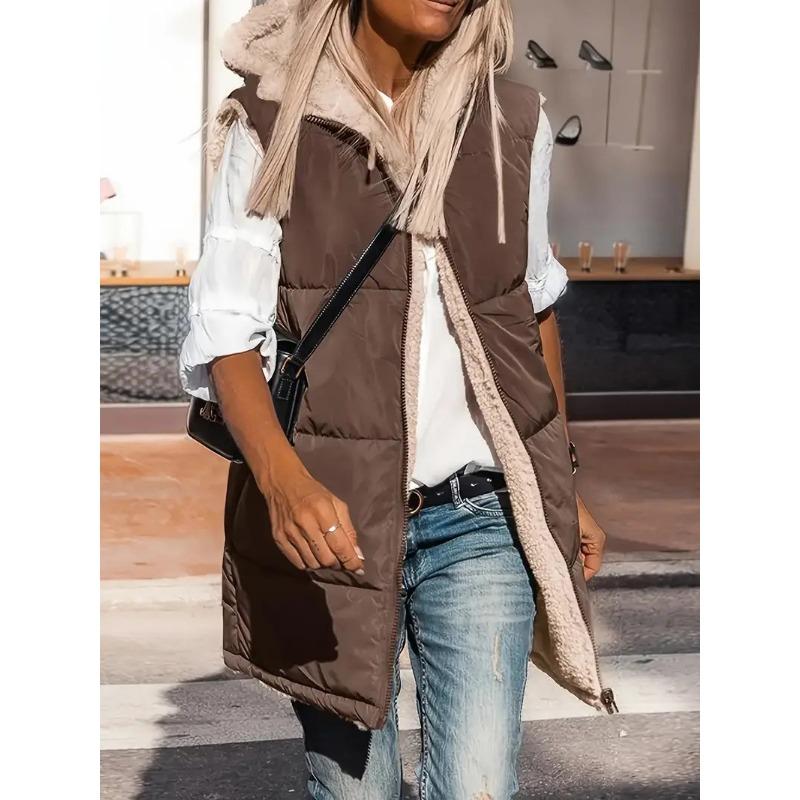 Solid color hooded cotton-padded vest double-sided wear slim-fit temperament cardigan jacket top