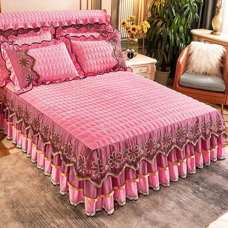 Europäische Luxus Tagesdecken Königin König Größe Prinzessin Kristall Samt Königin Bettwäsche Set Spitze Bett Rock Verdickt Warme Bettdecke