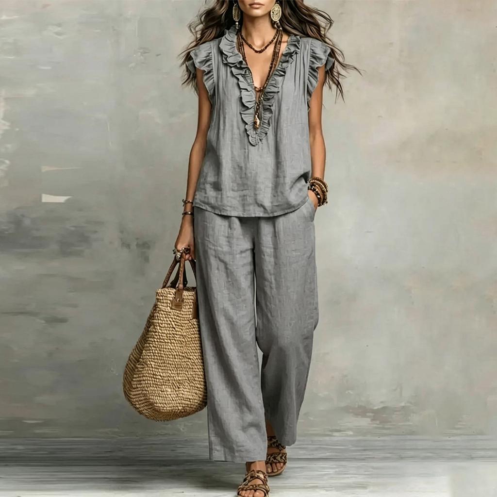 Women's Fashion V-neck Flying Sleeveless Tank Top Casual Pants Bohemian Cotton And Hemp Two Piece Set