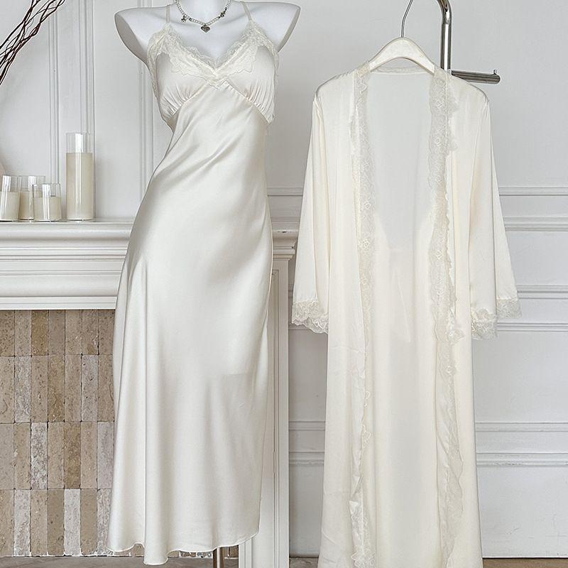 

Good Morning, I Am Excited with You Fancy Long Dress with Chest Pad Sexy Pajamas Morning Gown Two-piece Set Female Creamy-white (nightgown + robe) 170(XL)