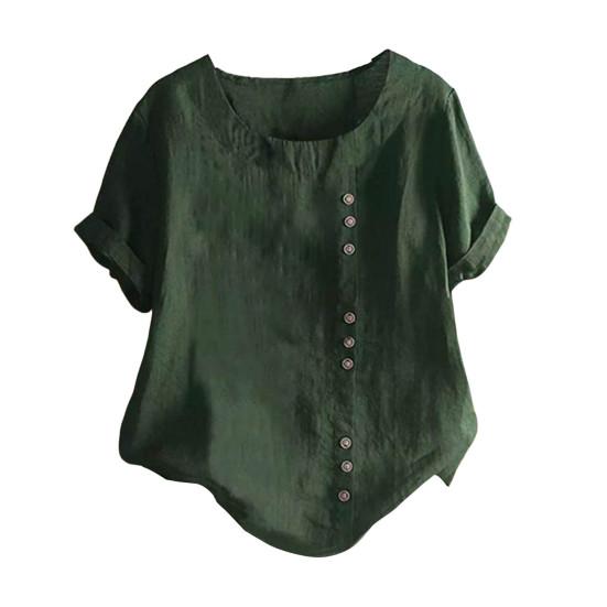 Summer Women T Shirt Loose Fit Round Neck Short Sleeve Solid Color Pullover Top Buttons Decor Daily Wear Tee