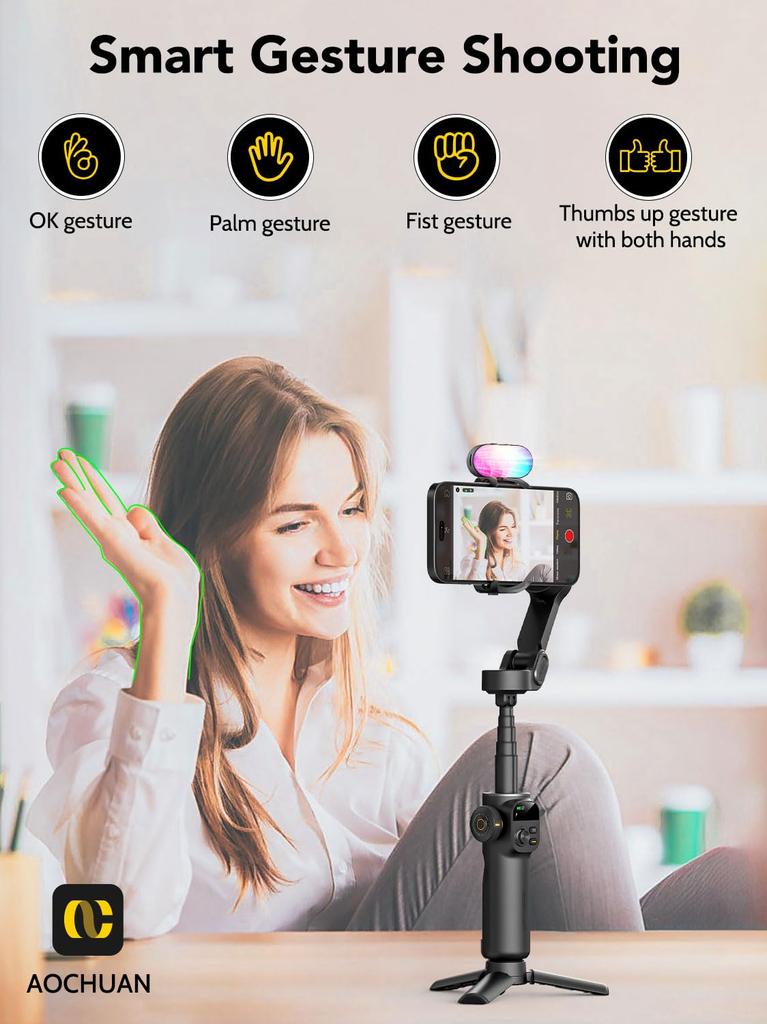 AOCHUAN Smart X2 Smartphone Gimbal Stabilizer 3-Axis OLED Display 20cm Extension Pole RGB Fill Light 360 Rotation Handheld Video Selfie Black