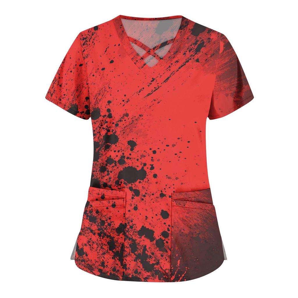 Women's Fashion Cross V Neck Short Sleeve Overalls Double Pockets Halloween Printed Tops Uniforms