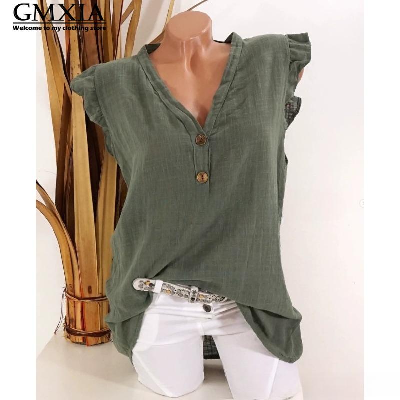 

GMXIA Женская мода Повседневный досуг Однотонный принт Без рукавов V-образный вырез Блузки и рубашки XXXL армия зеленый