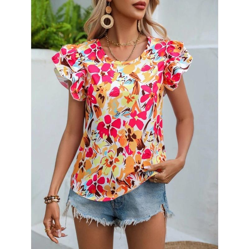 

Женские модные повседневные летние весенние блузки и рубашки с цветочным узором и коротким рукавом с круглым вырезом XXL красный