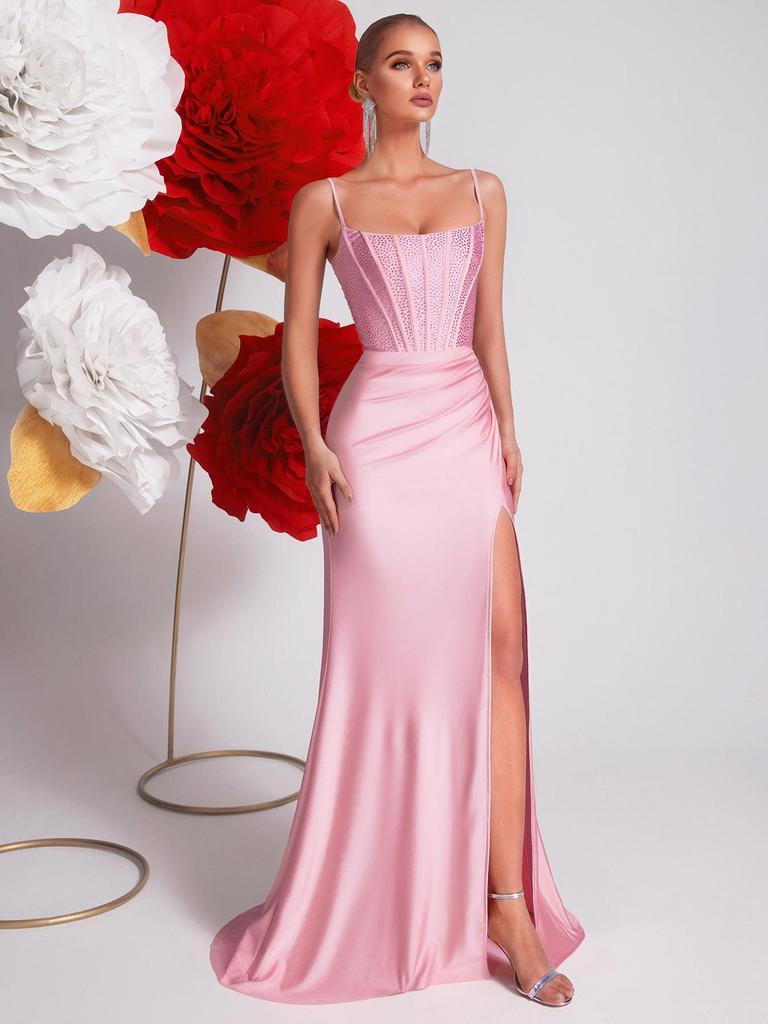 2026 Frühling Rosa Strass-Spaghettiträger Meerjungfrauen-Abendkleid