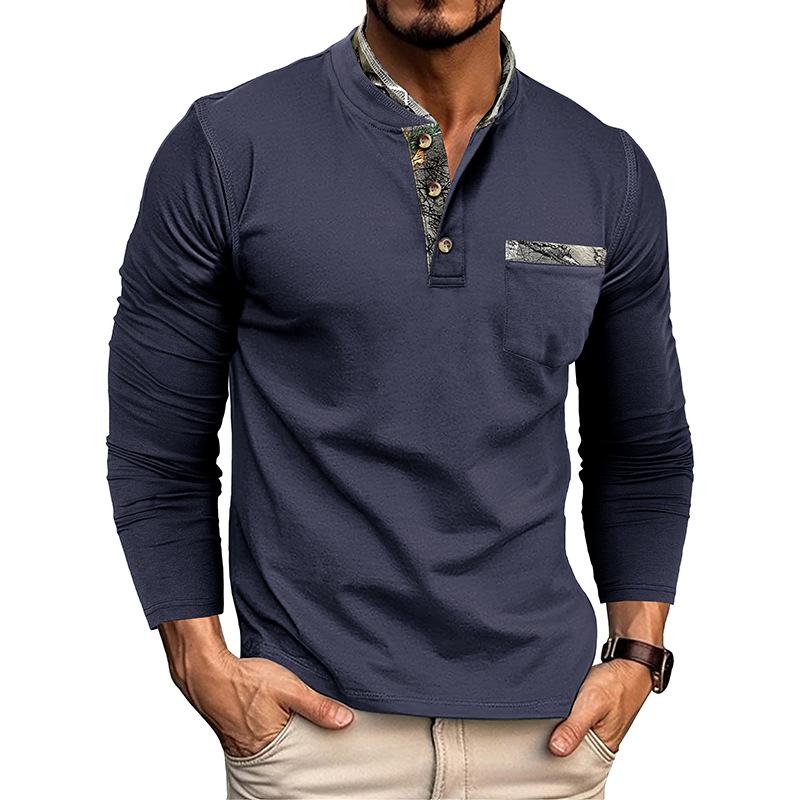 European and American Style Men’s Autumn and Winter Shirt Long-sleeve Henley Shirt Buttoned Double-collar Top