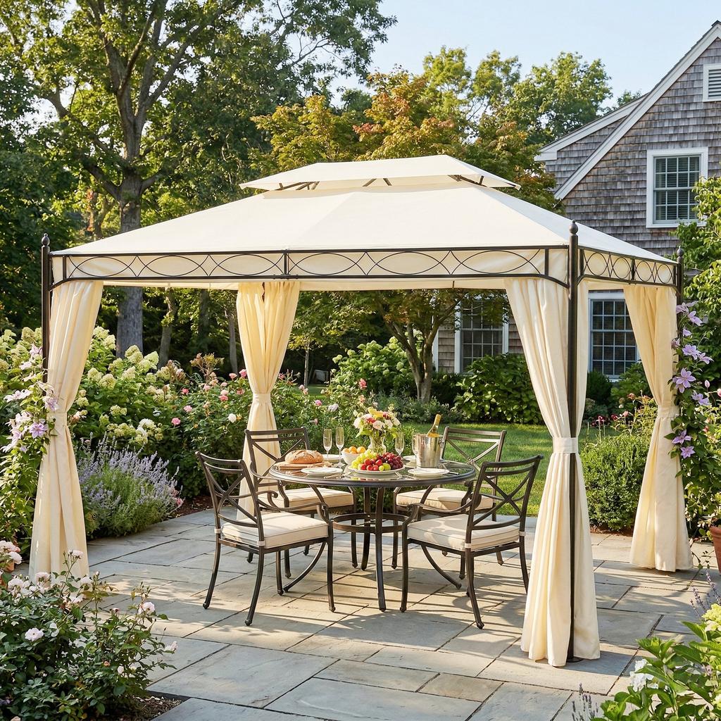 Garden Gazebo, 4 x 3 m, Double Roof, Anti-UV Steel, 400 x 300 x 280 cm, Cream