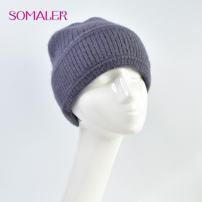 SOMALER Women's Autumn Winter Angora Knit Beanie Hat with Folded Cuff & Metal Badge Fashion Warm Cap 54-58cm