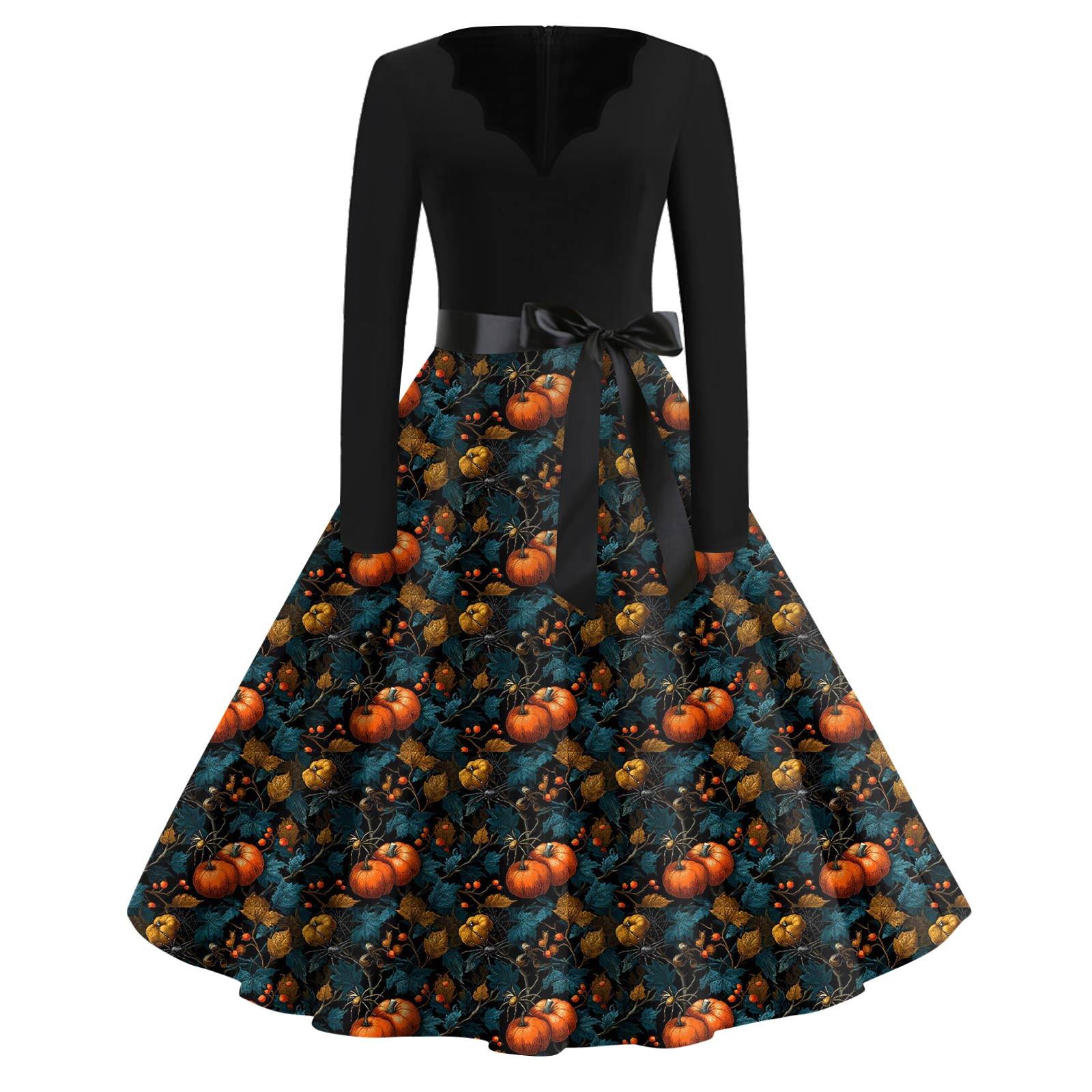 Women s Fashion V-Neck Casual Slim Halloween Printed Long Sleeve Dresses XL