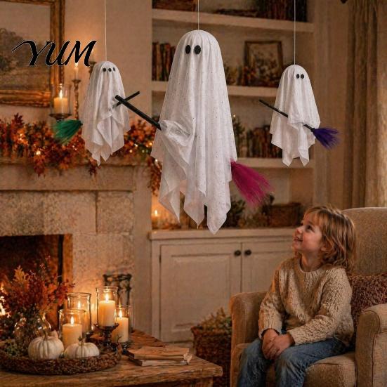 Halloween Hanging Ghost Decorations Outdoor Decoration, Large on Broom, Spooky Porch Decor Flying Gauze for Tree, Porch, Yard, Patio, Outside
