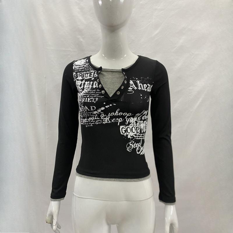 

Европейская и американская весенне-осенняя ретро Y2K простая футболка с длинным рукавом, имитирующая двойку, для похудения, женская S чёрный