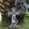Vintage Style Horror Statue Halloween Skull Tombstone, Stone Look Retro Gothic Resin Creepy Distressed Gray Effect Figurine Crow Gravestone