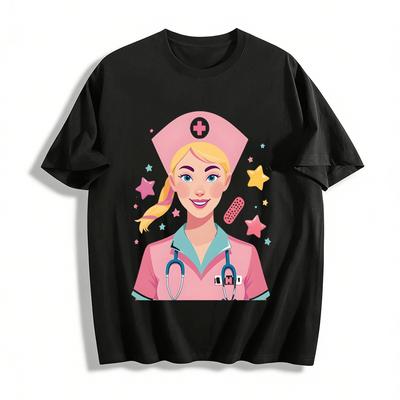 Cute Nurse Themed Printed Short Sleeve Top Pure Cotton T-shirt