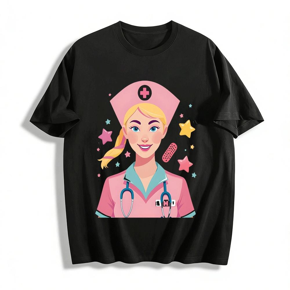Cute Nurse Themed Printed Short Sleeve Top Pure cotton T-shirt XXS