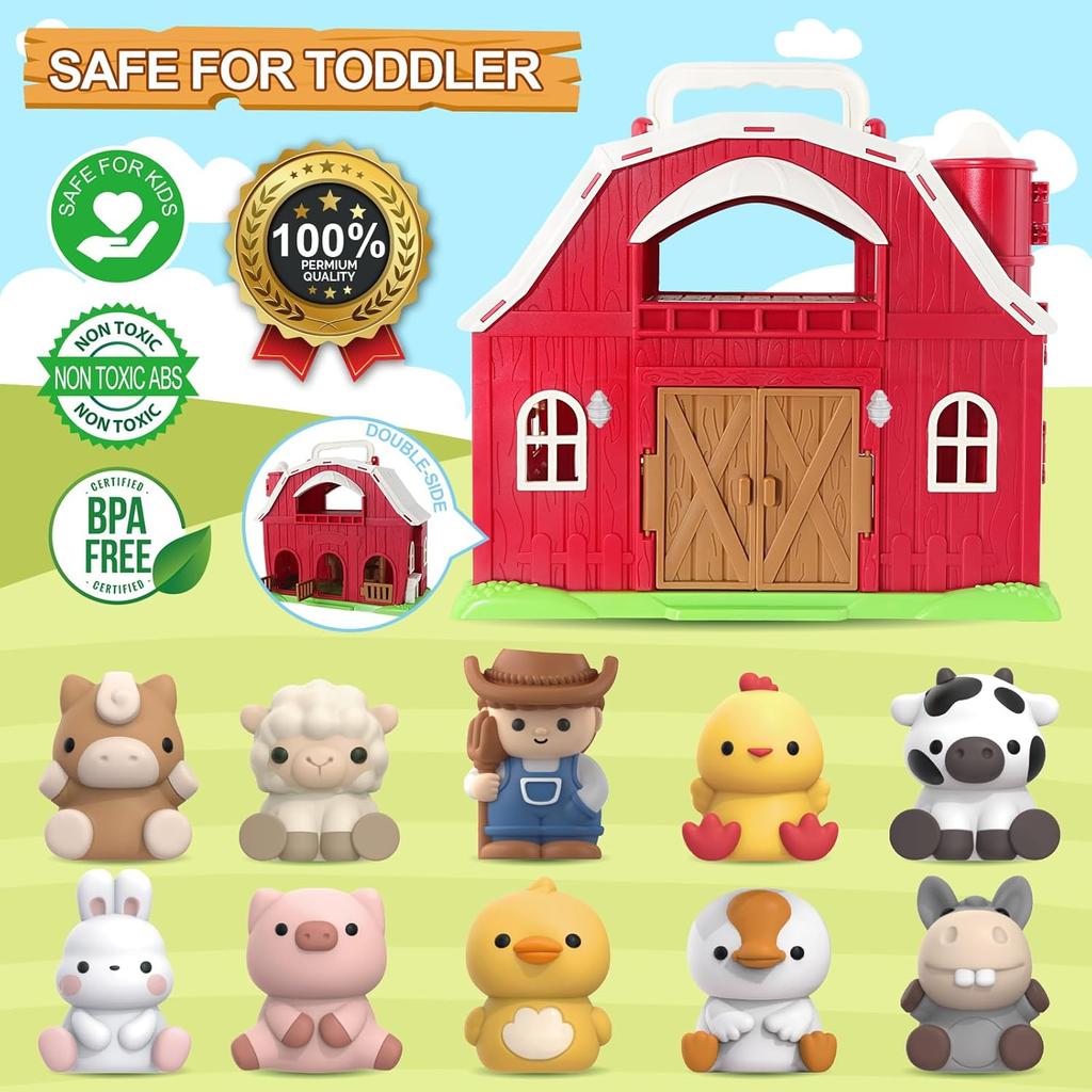 Farm Animals Big Barn Toy for 1 2 3 Year Old, Toddler Educational Montessori Toys, Farm Pretend Playset with Barn & Farmer, Christmas Birthday Easter