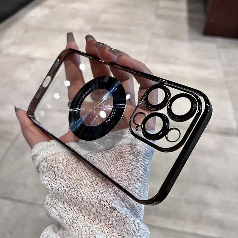 Luxury Logo For MagSafe Wireless Charging Magnetic Case For iPhone 15 14 13 12 11 Pro Max Plus Cover Plating Clear Accessories