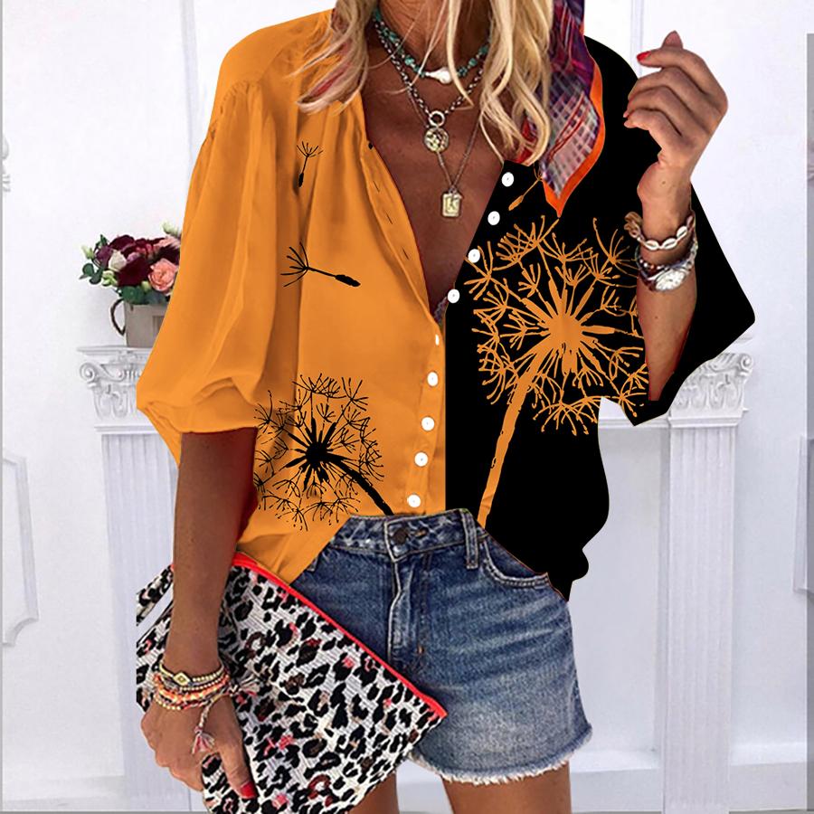 

2023 Лето Осень Новые модные женские топы Оранжевый одуванчик с принтом до половины рукава Повседневная рубашка больших размеров на пуговицах с объемными рукавами 8XL оранжевый