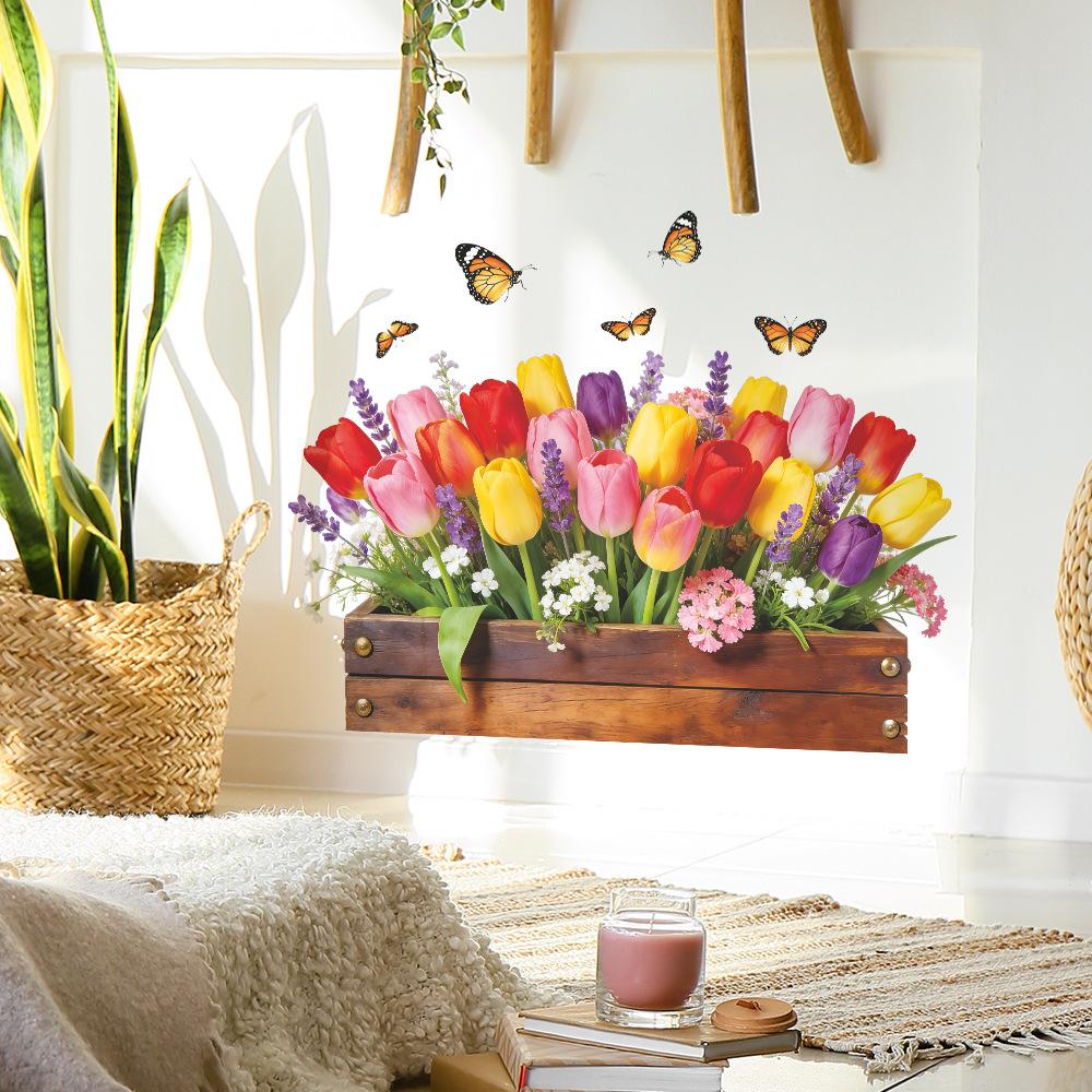 Painted 3D Wooden Crate Tulip Butterfly Wall Sticker Self Adhesive Removable Living Room Bedroom Entryway Decor