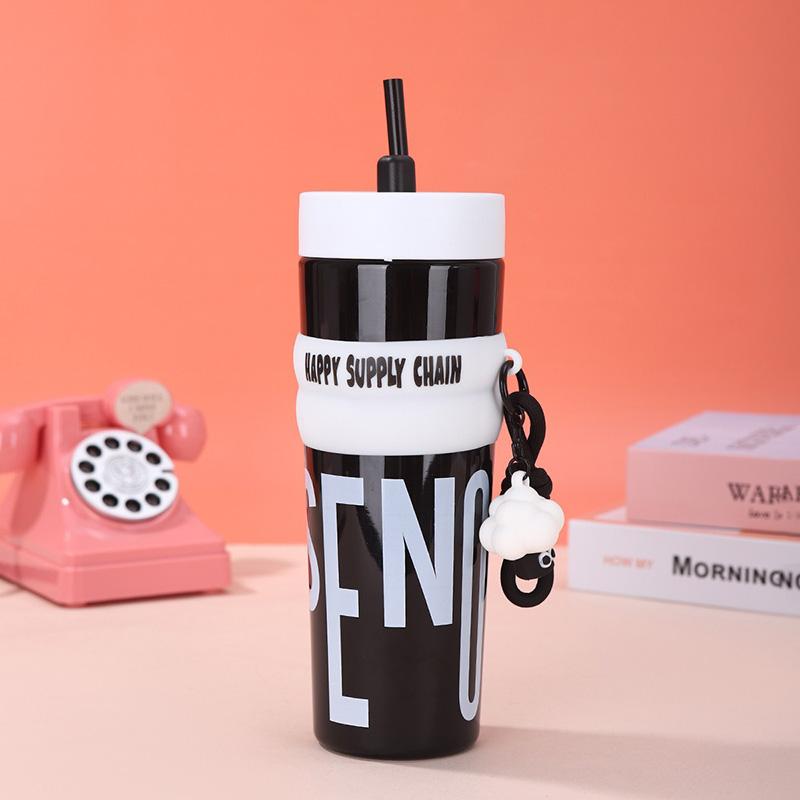 900ML Large Capacity Plastic Water Bottle For Girls Cute Pink Water Cups With Lid Straw Portable Car Sports Drinking Water Cup 900ml