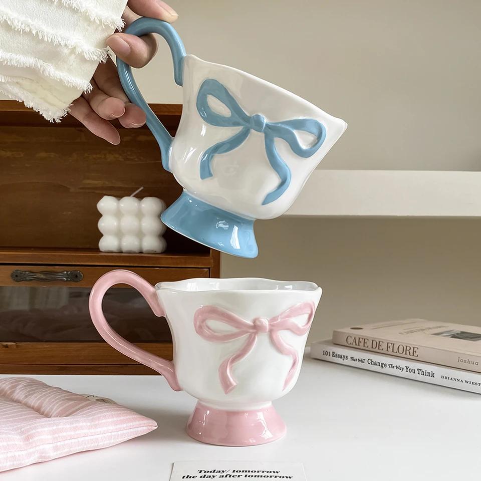 1Pc 350ml Ceramic Embossed Bow Mug Hand-Pinched Pattern Simple Morandi Color Tall Design for Coffee Oatmeal Yogurt-Holiday Gift