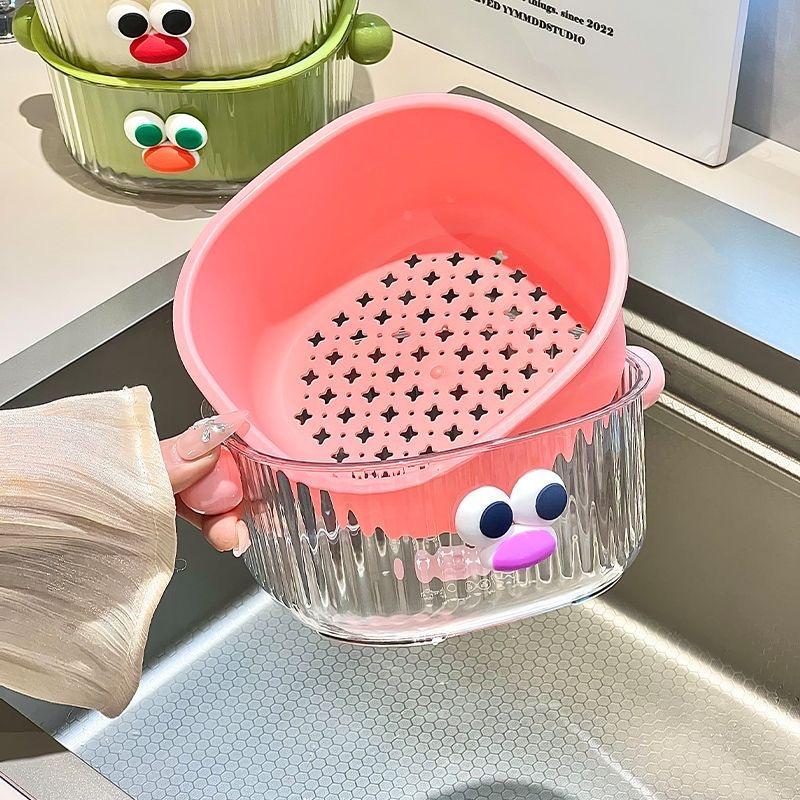 Dubbellager Korg för Köket - För att Tvätta Grönsaker och Frukter | Söt Design | Med Avloppskopp