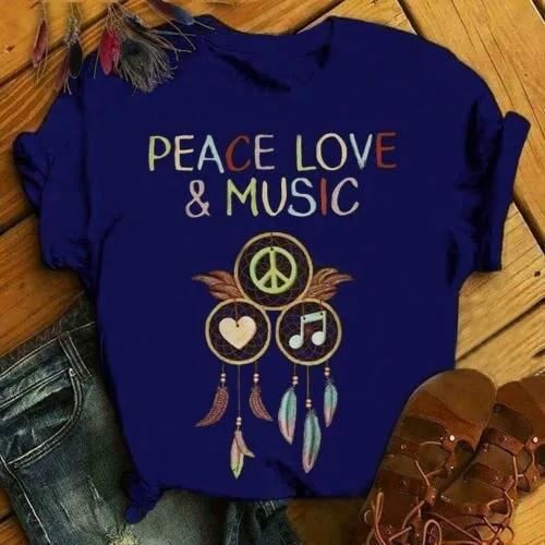 Peace Love Music Wind Chimes Print Women T Shirt Short Sleeve O Neck Loose Women Tshirt Ladies Fashion Tee Shirt Tops Clothes