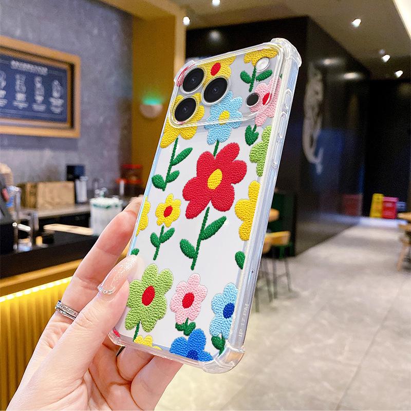 Retro Style Imitation Embroidery Colored Flowers Apple 14pm Mobile Phone Case iPhone17 Anti-drop Transparent Soft Case Protective Case