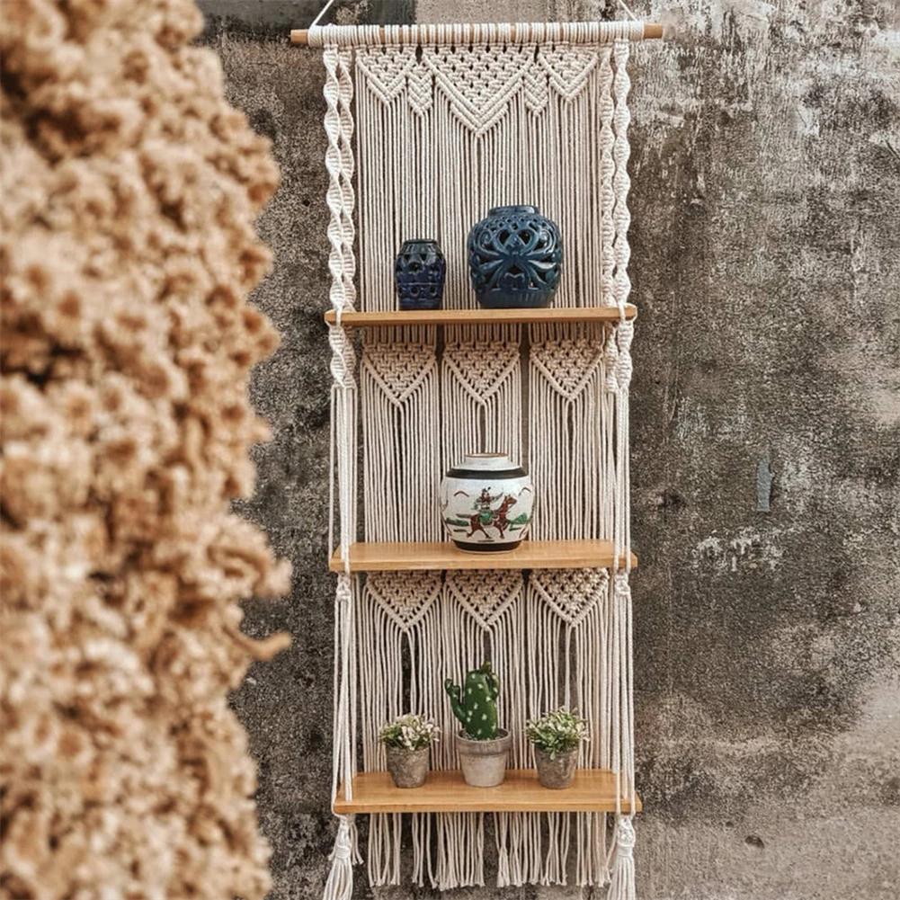 3 Layer Large Macrame Wall Hanging Shelf Macrame Floating Shelf Boho Home Decor Handwoven Rope Plant Display Rack Wall Organizer