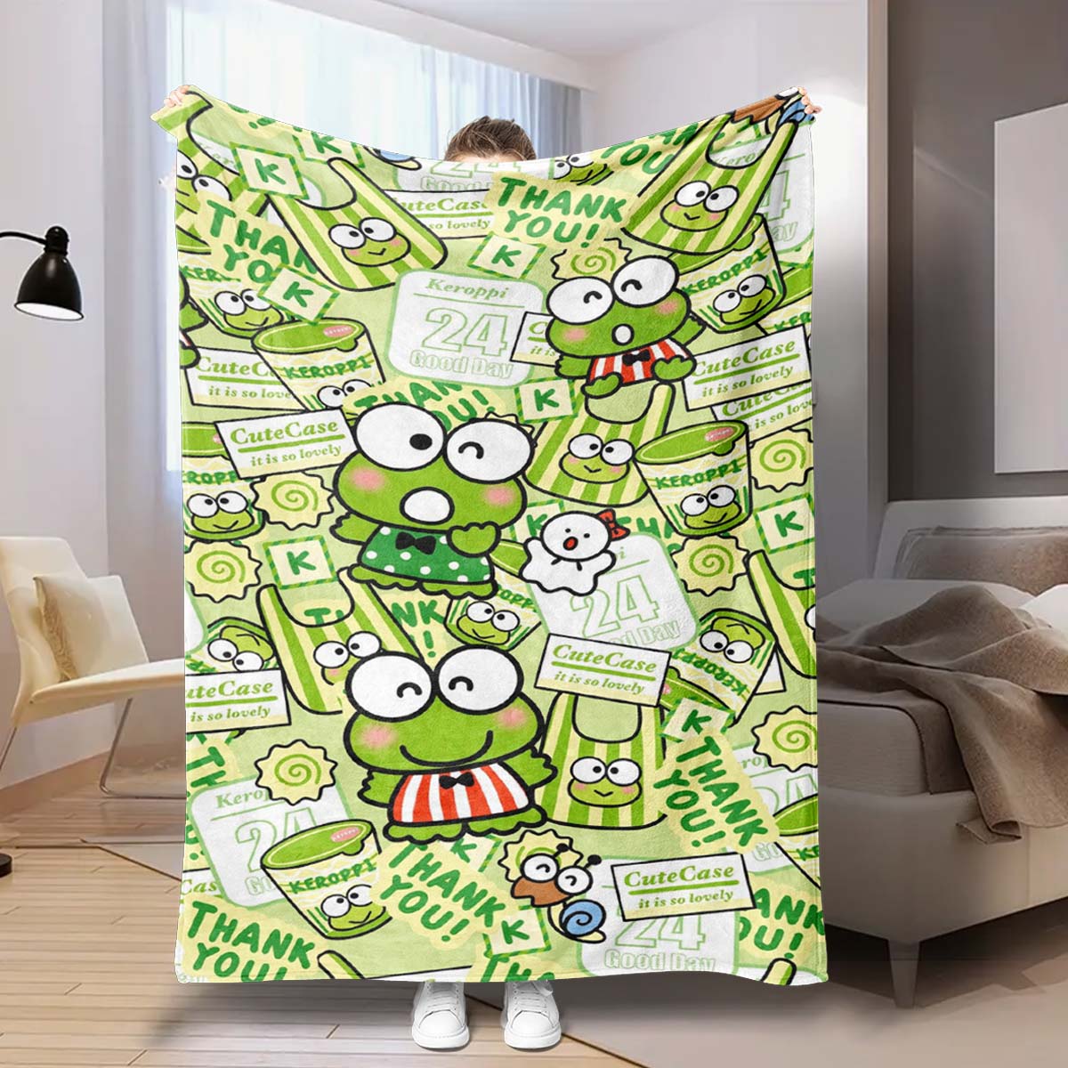 

Cartoon comfort plush blanket Keroppi with cute pattern prints - soft and lightweight, perfect for sofas, beds or travel 75x90cm