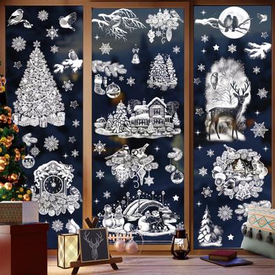 Yousheng 9Pcs/Set Christmas Stickers Self-adhesive Glass Film Snowman Elk Santa Claus Xmas Tree Patterns Removable Decorative Window Showcase Sticker