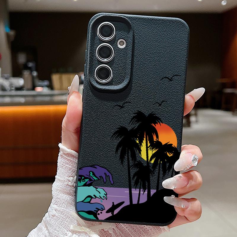 Creative Coconut Sunset Print Case For Samsung S26 S25 S24 Ultra S23 S22 S21 FE A15 A16 A17 A35 A36 A37 A54 A55 A56 A57 5G Leather Texture Cover