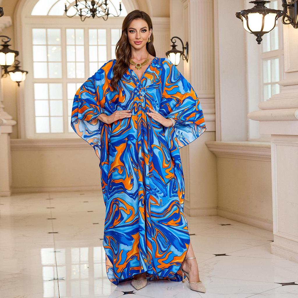 2025 European & American Cotton Printed Beach Dress Women's Long Loose Cover-Up with Sun Protection