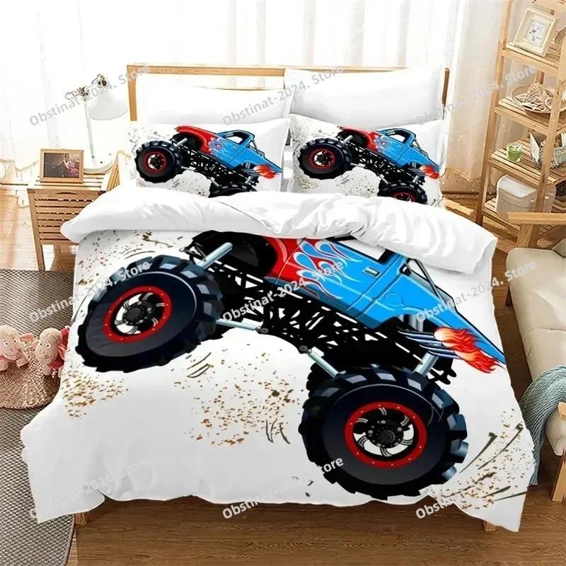 Boys Cars Duvet Cover Cartoon Monster Truck Cool Vehicle Bedding Set Off Road Vehicle Locomotive Comforter Cover King Size