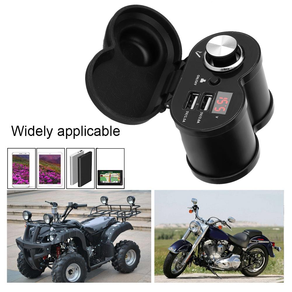 Motorcycle Dual USB MultiFunction Phone Charger with Voltmeter and Cigarette Lighter (Black)