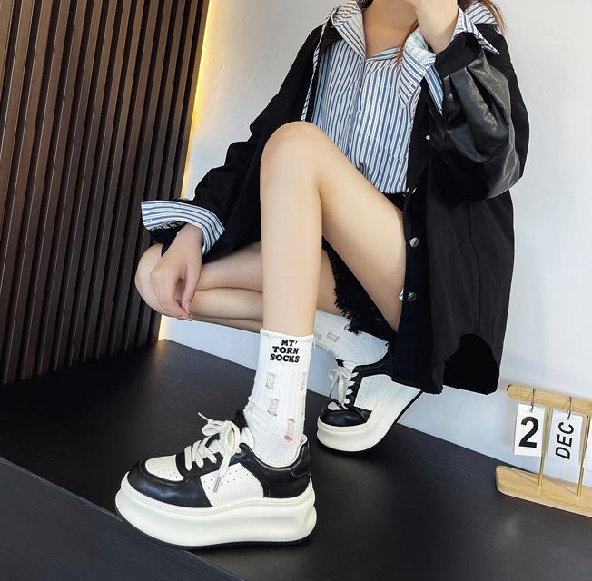 Fashion High Quality 6CM Newest Light Thick-Soled White Shoes Woman Spring Lace-Up Casual Sneakers Genuine Leather Vulcanized Shoes